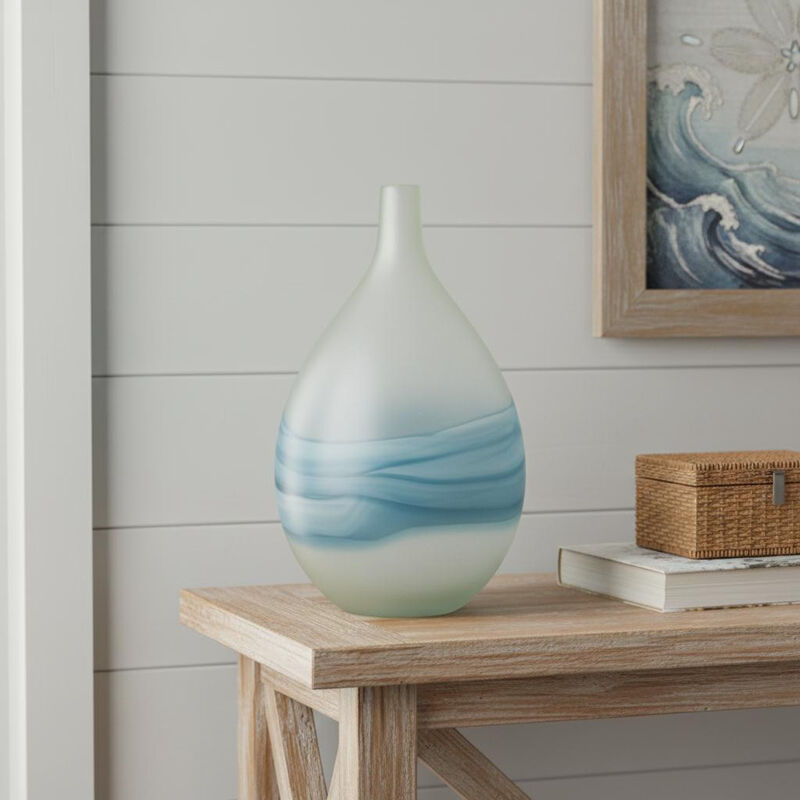 HomeRoots 16" White And Blue Swirl Art Glass Table Vase image number 1