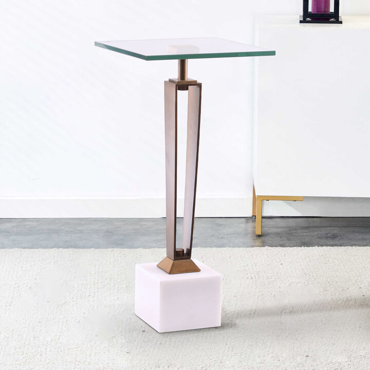 Modern Antique Brass Square Glass Marble Pedestal Side Table End Table