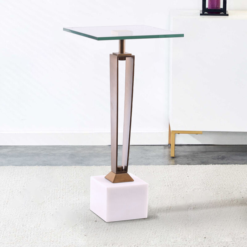 Modern Antique Brass Square Glass Marble Pedestal Side Table End Table
