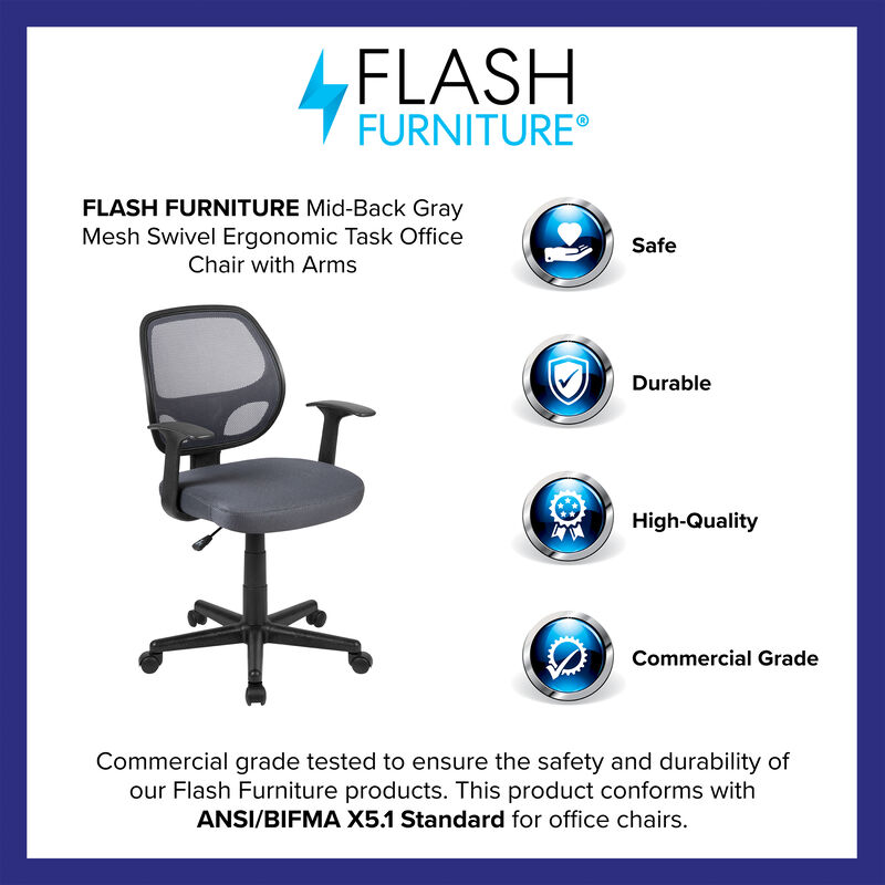 Flash Fundamentals Mid-Back Black Mesh Swivel Ergonomic Task Office Chair with Arms image number 3
