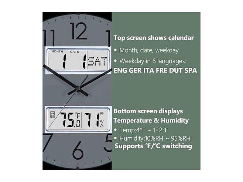 Calendar Temperature Humidity White Wall Clock Silent Home Decor image number 3