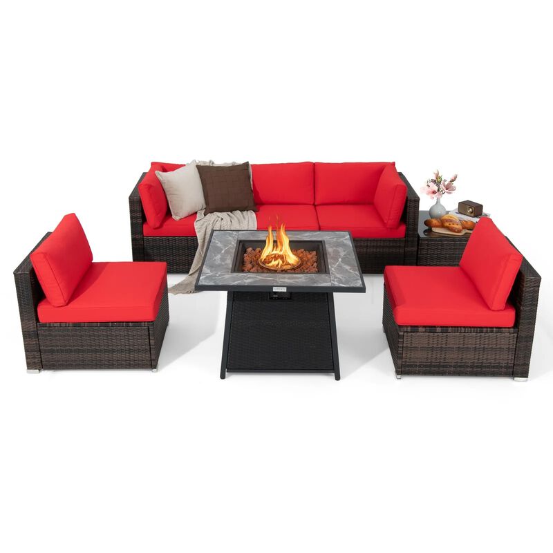 Mondawe Modular 7-Pcs Design PE Rattan Sofa Set,With 50K BTU Fire Pit & Detachable Cushions Chair