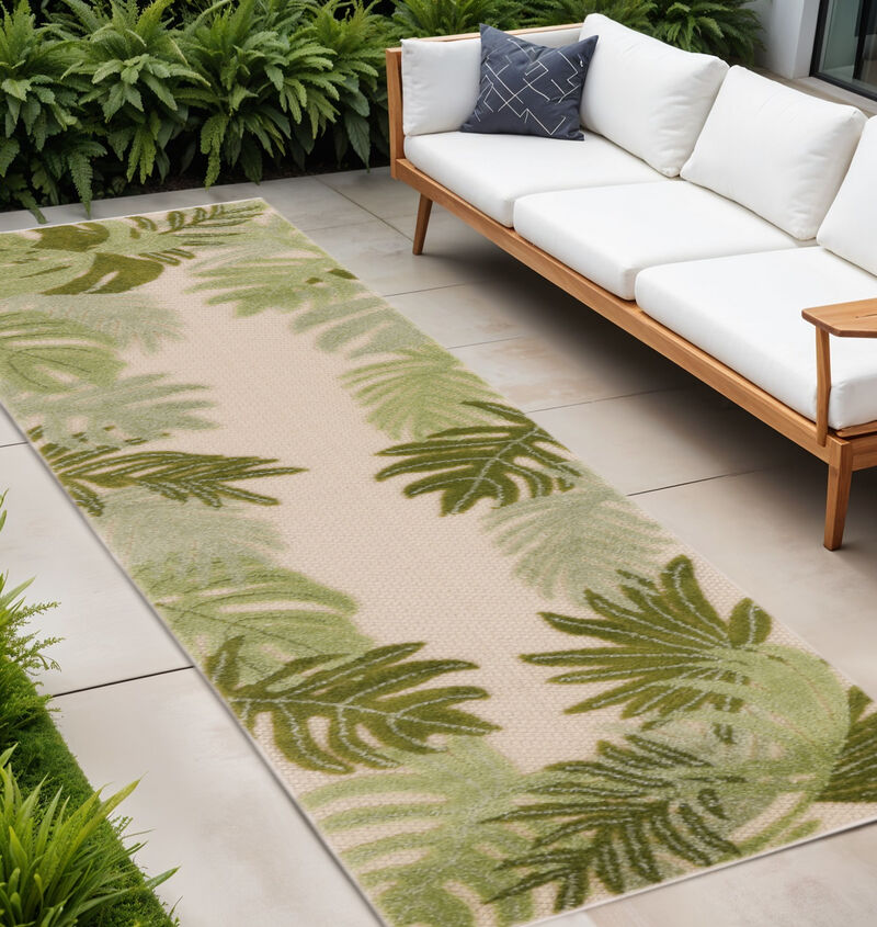 HomeRoots 8' Ivory And Green Palm Leaf Indoor Outdoor Runner Rug image number 1