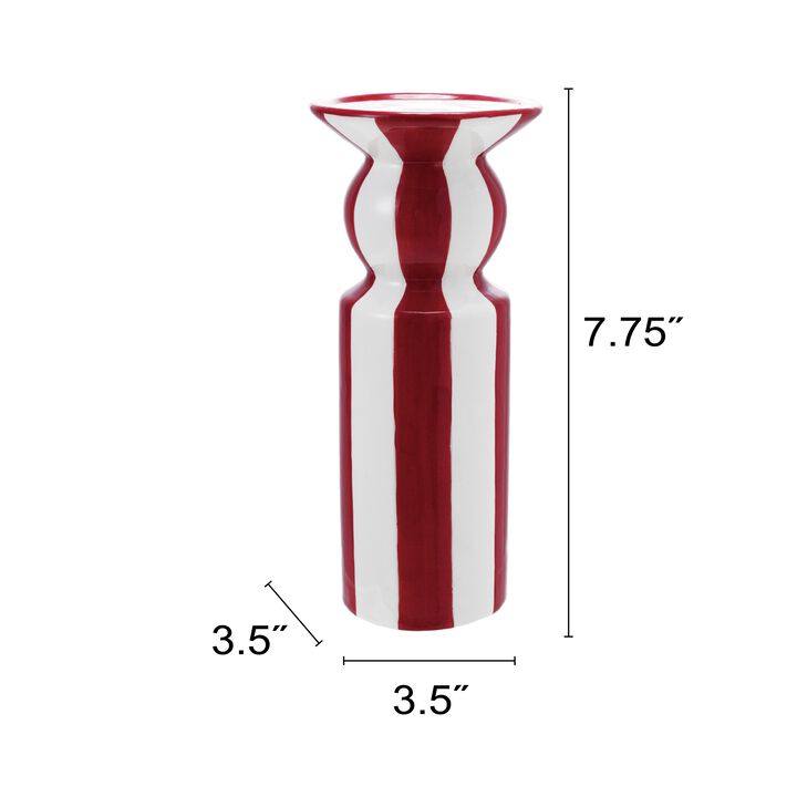 Tall Hand-Painted Ceramic Striped Taper Holder, Red and White