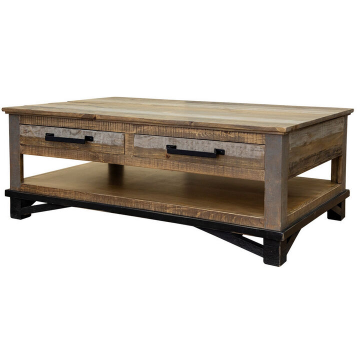 Peya 50 Inch 4 Drawer Coffee Table, Shelf, Distressed Gray, Brown Pine Wood-Benzara