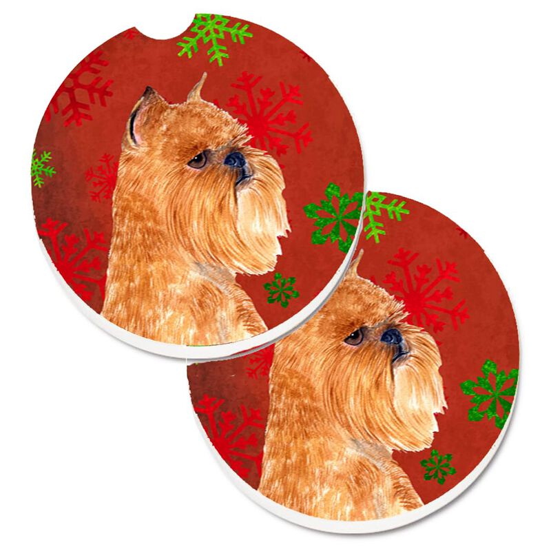 Caroline's Treasures Brussels Griffon Red & green Snowflakes Holiday Christmas Set of 2 Cup Holder Car Coasters SS4701CARC, 2.56, Multicolor image number 0