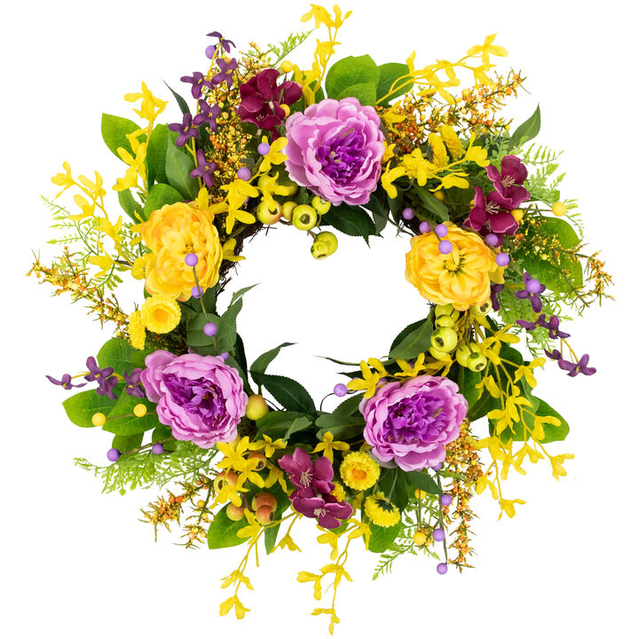 Peonies and Forsythia Spring Wreath - 24" - Yellow and Purple