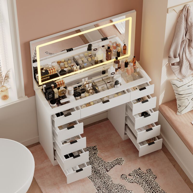 FUFU&GAGA White Vanity Desk with 3 Color Lighting Modes and Glass Top, 11 Drawers for Storage (43" W x 15" D x 55" H), White