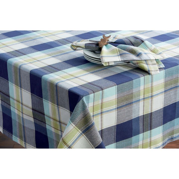 84" x 60" Blue and White Plaid Patterned Table Cloth