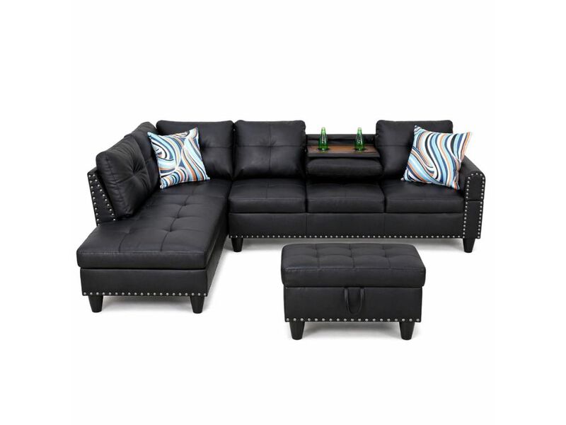 97.5" L Shaped Sectional Sofa Black Leather 4 Seat Modular Couch Storage Ottoman image number 0