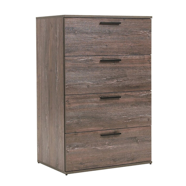 Levy Tall Dresser Chest, 4 Jumbo Drawers, Farmhouse Rustic Gray Wood Finish - Benzara