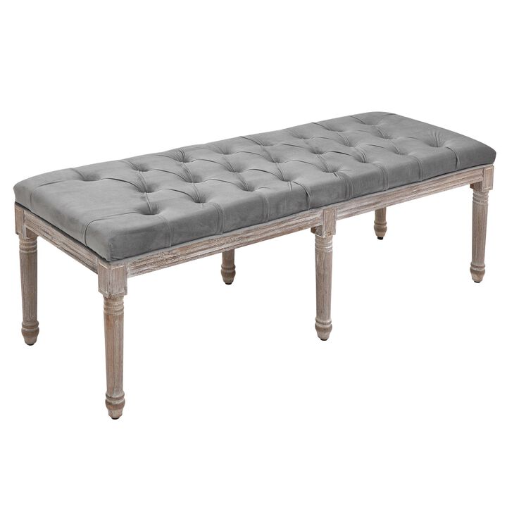 Grey Living Room Bench: Upholstered Fabric Ottoman with Wood Legs