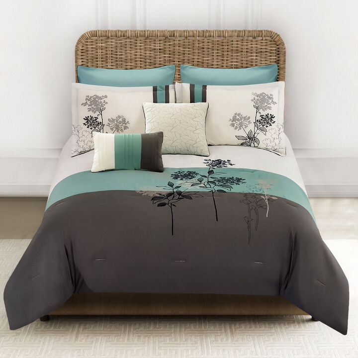 8 Piece King Polyester Comforter Set with Floral Embroidery, Multicolor - Benzara