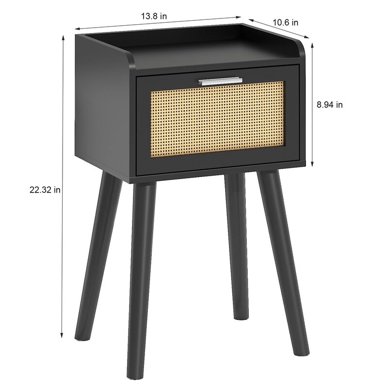 LAATOOREE Nightstand Set of 2, Small Black Bedside Table, End Table with Rattan Door, Boho Side Table with Solid Wood Legs for B