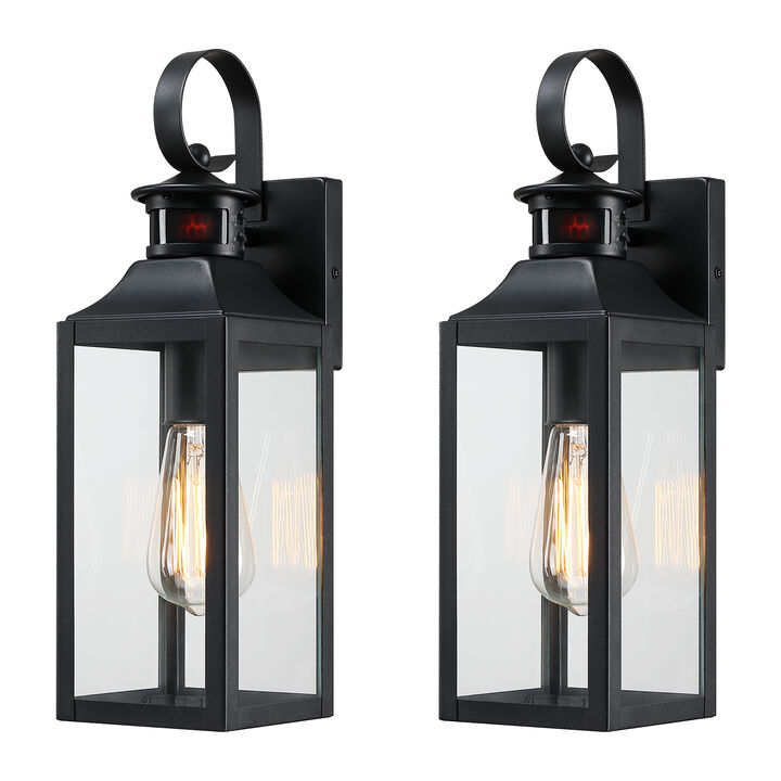 16 in. 2-Pack Modern Farmhouse Black Motion Sensor Outdoor Wall Lanterns