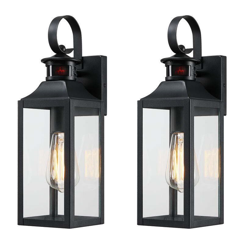 16 in. 2-Pack Modern Farmhouse Black Motion Sensor Outdoor Wall Lanterns image number 0