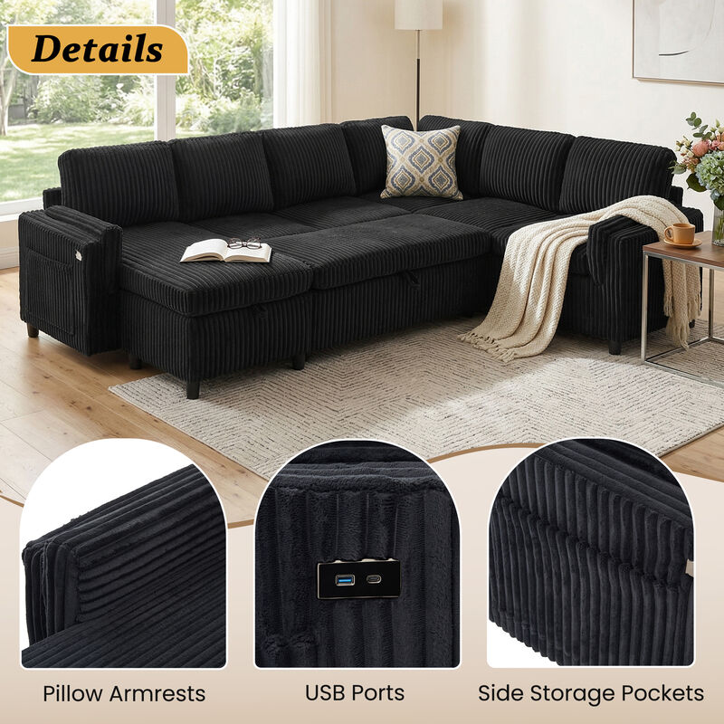 U-Shaped Sectional Sleeper Sofa with Storage, USB & Reversible Chaise, image number 5