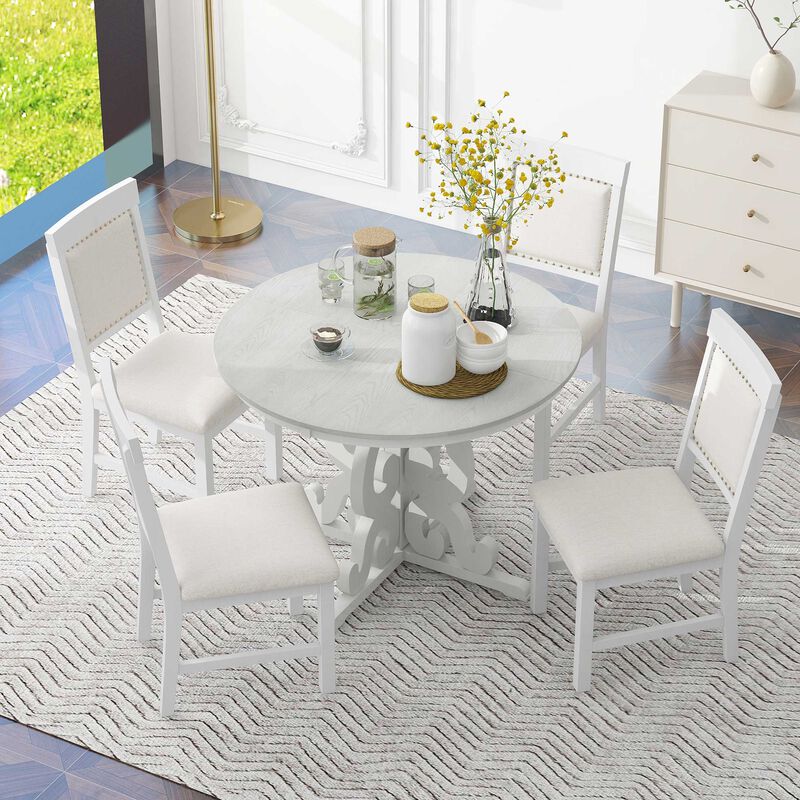 Whisen Retro 5 Piece Extendable Dining Set with 16-inch Leaf and 4 Upholstered Chairs - Antique White