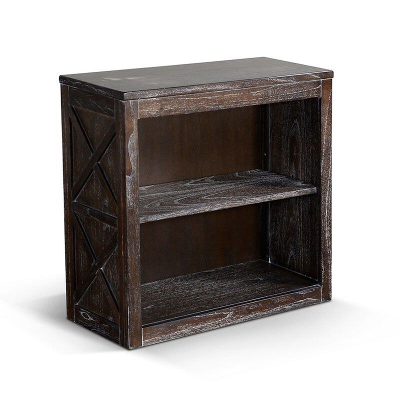Sofi Small Bookcase, X Cross Panels, 2 Shelves, Dark Brown Veneer - Benzara