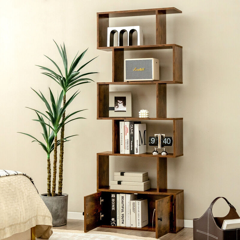 6-Tier S-Shaped Freestanding Bookshelf with Cabinet and Doors