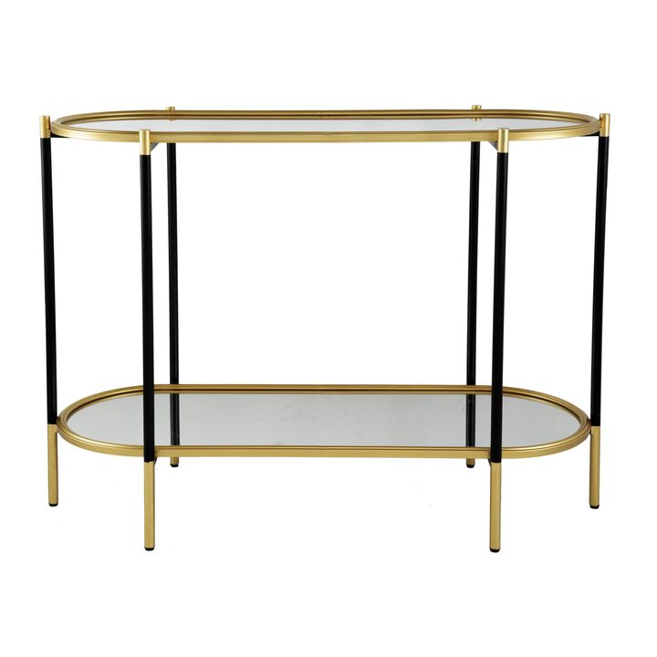 30 Inch Console Sideboard Table, Oblong, Mirrored Top, Black, Gold - Benzara