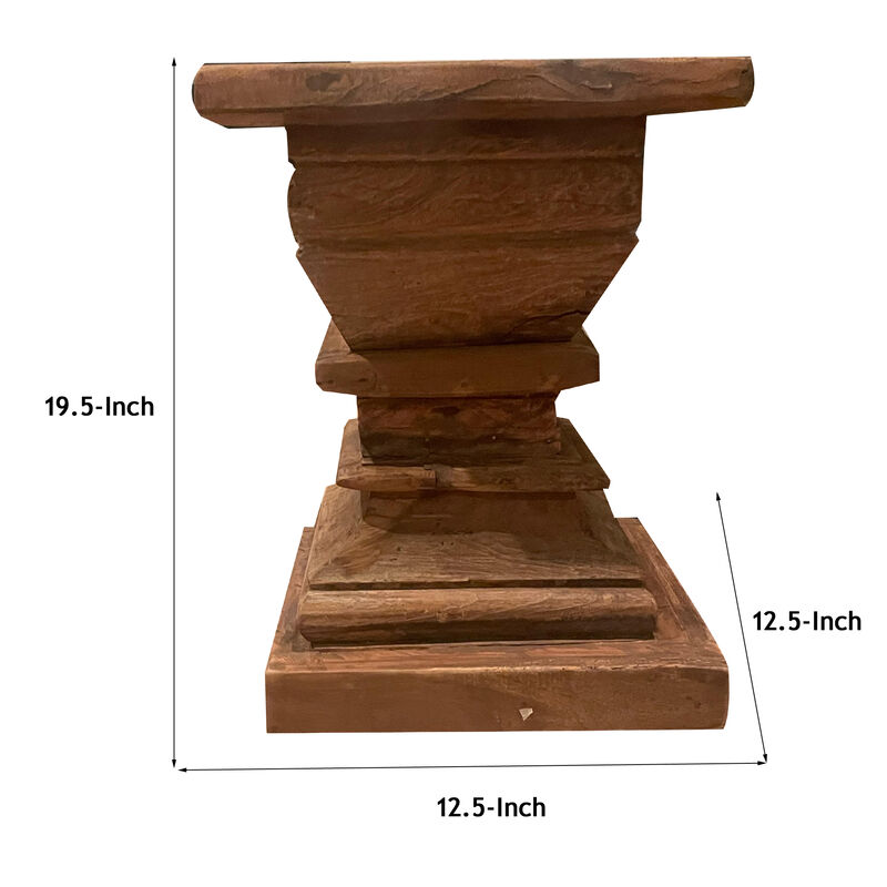 20 Inch Accent Table, Rustic Pillar Pedestal with Scrolled Carvings, Brown - Benzara