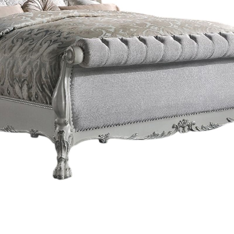 Ally Queen Bed, Classic Crown Trim, Faux Leather Upholstery, White - Benzara