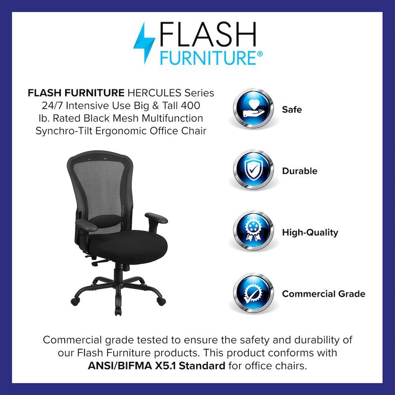 HERCULES Series 24/7 Intensive Use Big & Tall 400 lb. Rated Black Mesh Multifunction Synchro-Tilt Ergonomic Office Chair image number 7