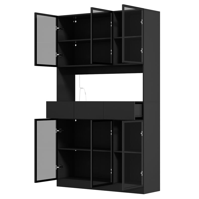 Black Wood 47.2 in. W Buffet Food Pantry W/Hutch, Glass Doors, Adjustable Shelves, LED Lights (14.2 in. D x 78.7 in. H)