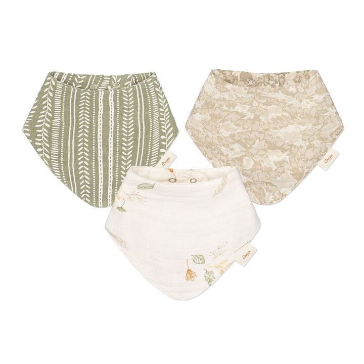 Willow 3-pc Muslin Baby. Bib Set (Neutral Leaf)