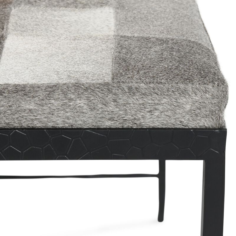 Leif Ottoman Bench with Gray Patchwork Leather Hide, Iron 28 Inch image number 4