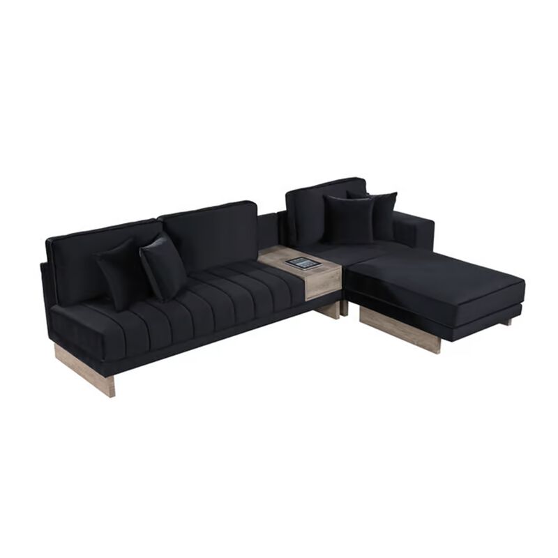 Phsy 123 Inch Modular Sectional Sofa with Storage Table, USB, Black Velvet