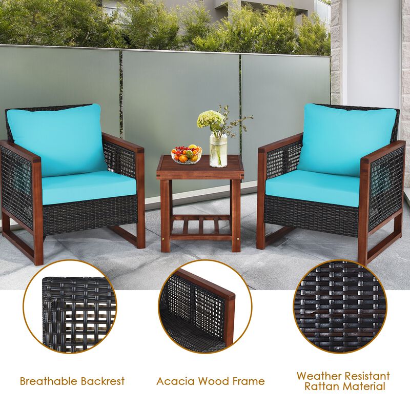 3 Pieces Patio Wicker Furniture Set with Washable Cushion and Acacia Wood Coffee Table