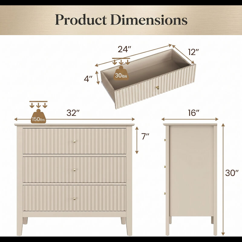 32" Assembled Wide Fluted Nightstand 3-Drawer image number 4