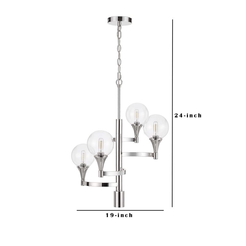 Chandelier with 4 Globe Glass Shades and Cone Design Holders, Chrome - Benzara image number 6