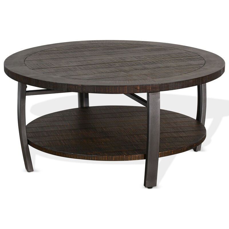 Flint Coffee Table w Shelf, Barrel Shape, 38 Inch Dark Brown Round Top
