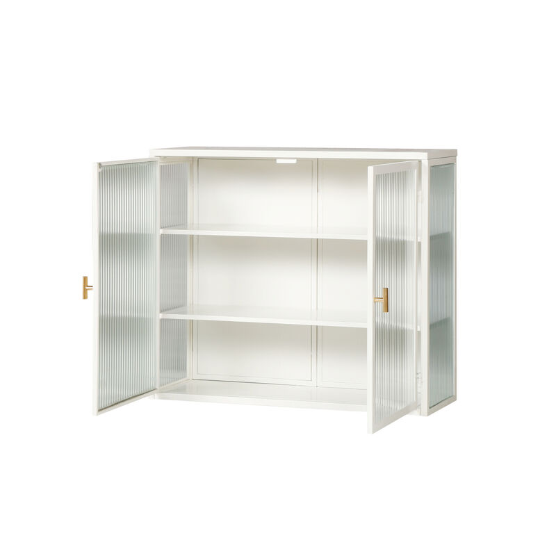 27.56"Glass Doors Modern Twodoor Wall Cabinet with Featuring Threetier Storage for Entryway Living Room Bathroom Dining Room, White