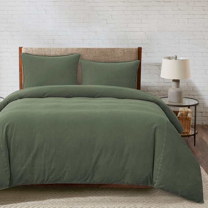 Stonewashed Green Cotton Canvas Full/Queen Duvet Cover Set
