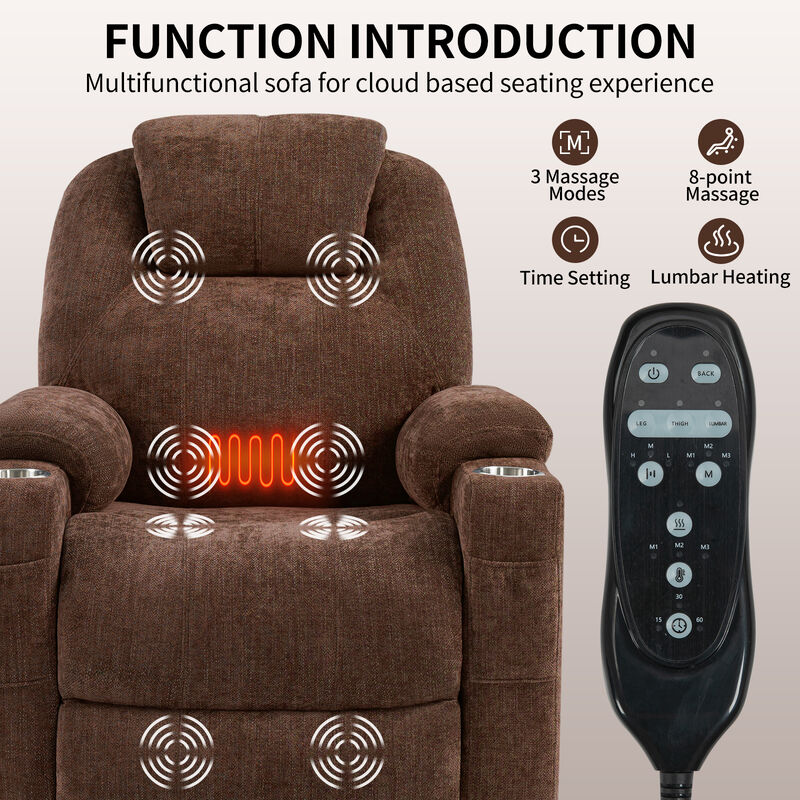 Chenille Power Lift Recliner Chair, Heavy Duty Motion Mechanism with Massage and Lumbar Heating, USB and Type-C Ports