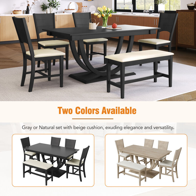 Whisen Modern 6-Piece Wood Half Round Legs Dining Set with 4 Upholstered Chairs and Long Bench - Gray