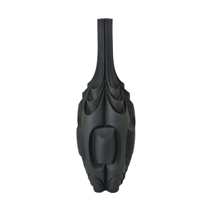 Helly 28 Inch Decorative Vase, Intricate Inset Details, Modern Black Resin - Benzara