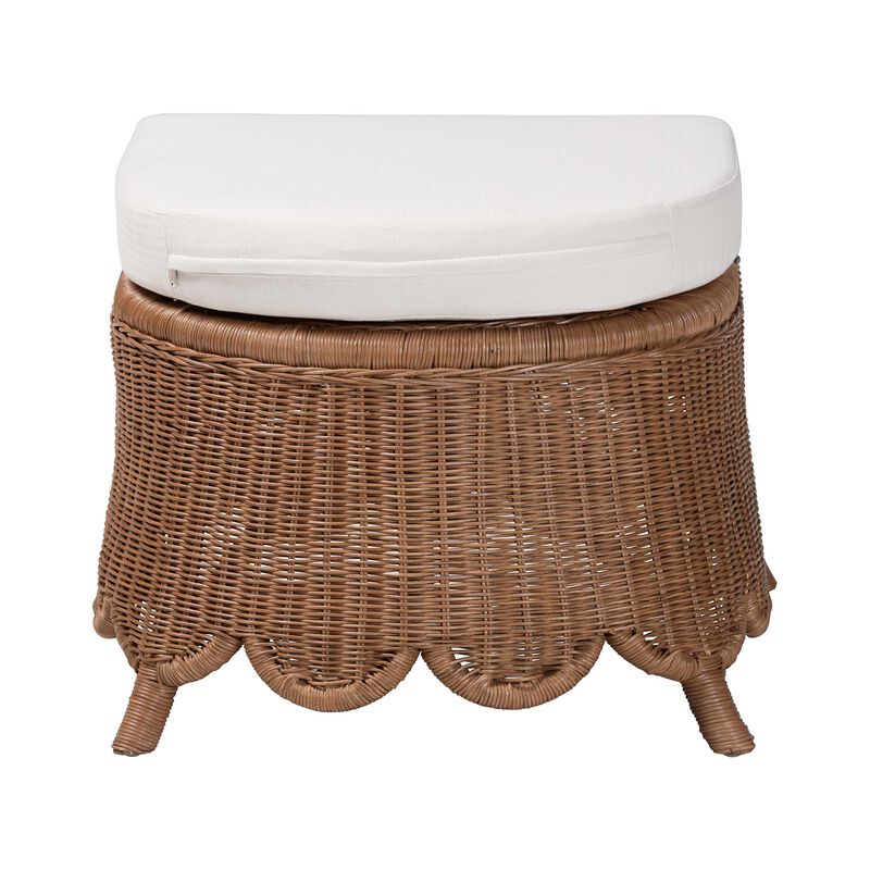 bali & pari Detta Natural Rattan Footstool with Cushion - Handwoven Wicker Ottoman with Scalloped Skirt Base for Coastal Lounge or Sunroom Seating