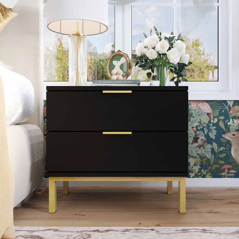 2-Drawer Black Wooden Nightstand Bedside Table With 4 Metal Legs 15.7 in. D x 19.7 in. W x 17.9 in. H