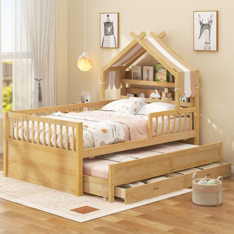 Merax House-Style Bed with Trundle, Bookshelf & Storage Drawers Kids Bed image number 3