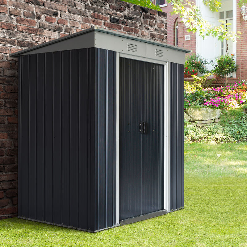 Outsunny 6' x 4' Metal Lean to Garden Shed, Outdoor Storage Shed, Garden Tool House with Double Sliding Doors, 2 Air Vents for Backyard, Patio, Lawn, Black