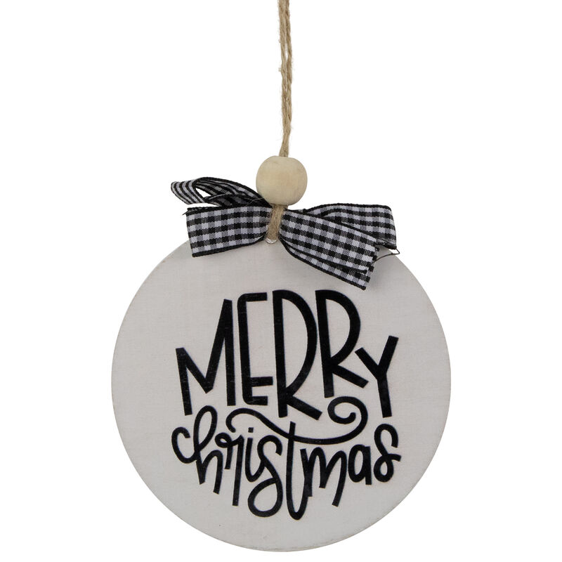 4" Black and White Merry Christmas Ornament Wooden Disc with Plaid Bow image number 0