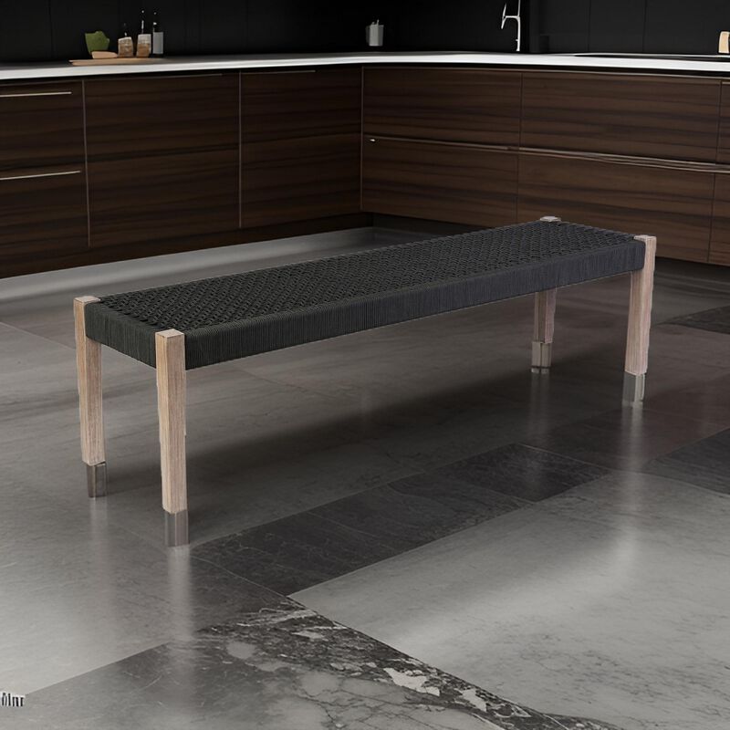 Nif 71 Inch Rectangular Dining Bench, Rope Woven Top, Tapered Legs, Black - Benzara