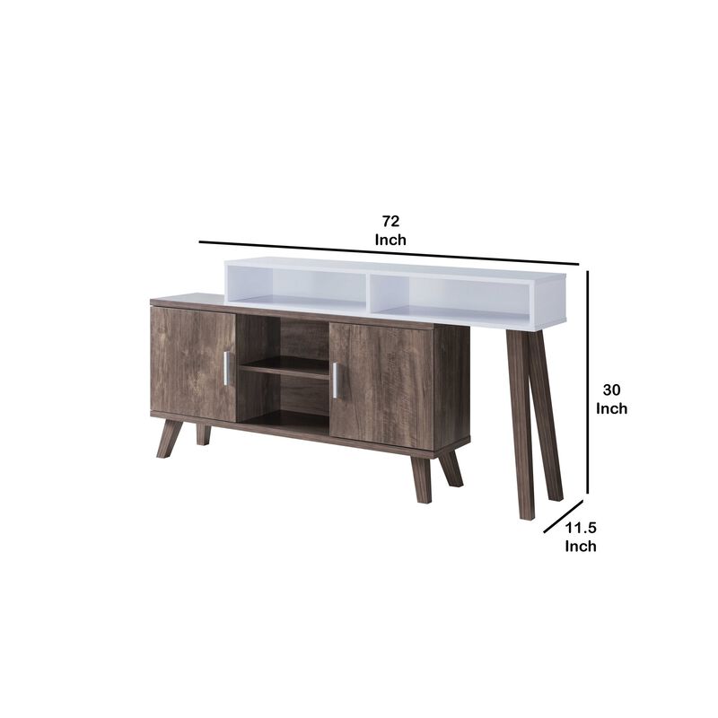 2 Tier Console Table with 4 Compartments and Cabinets, White and Brown-Benzara