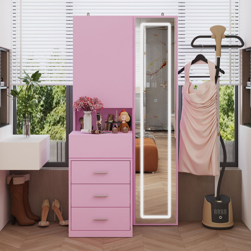 FUFU&GAGA Modern Vanity Table with Lighted Mirror and Storage, 3 Drawers & Sliding Cabinet, (31.5 in. W x 13 in. D x 63 in. H), Pink