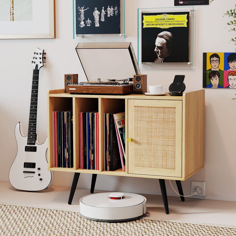 Record Player Stand with Rattan Cabinet and Charging Station for Living Room-Natural image number 1